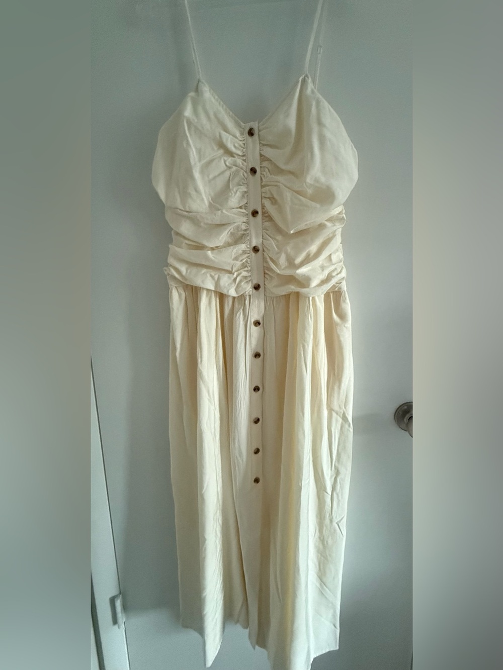 Strapless Cream Button-Front Ruched Midi Dress